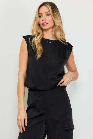 DANI SHIRRED SHOULDER BUBBLE HEM TOP IN BLACK