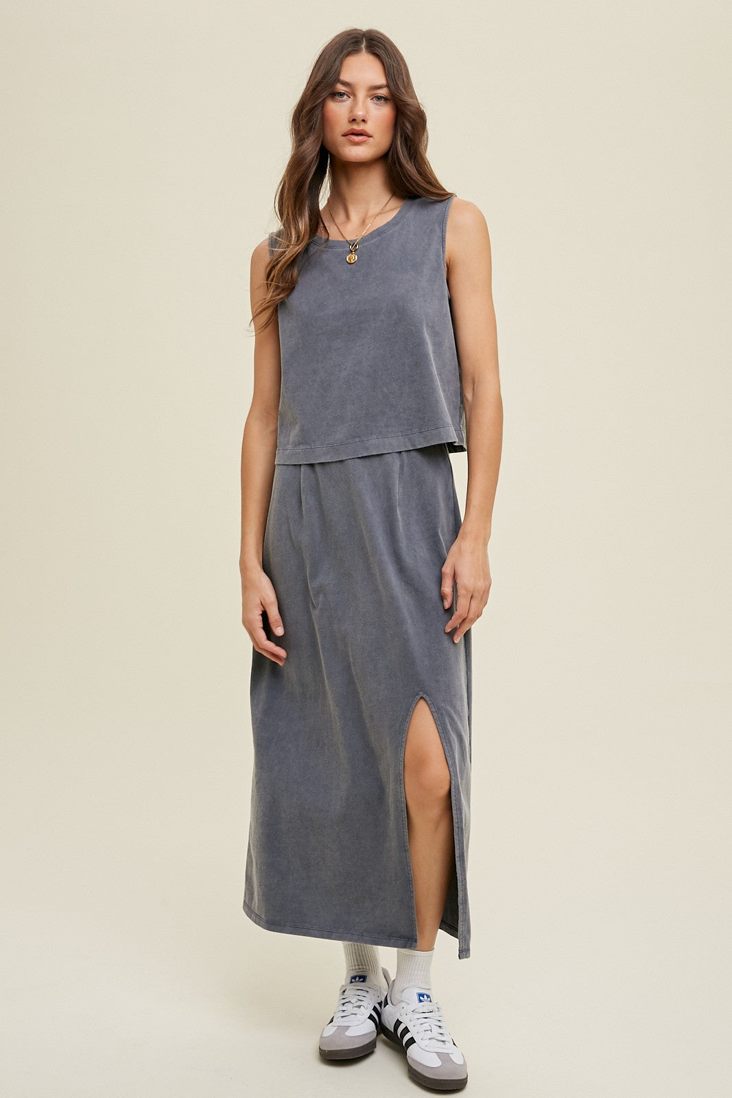 CENA WASHED COTTON KNIT TANK AND SKIRT SET IN CHARCOAL