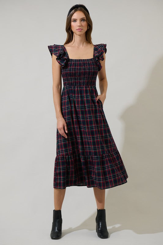 CHAPMAN PLAID SMOCKED RUFFLE MIDI DRESS IN NAVY