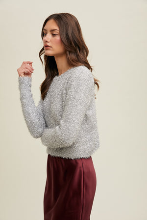 ELISABETH METALLIC EYELASH SWEATER IN SILVER