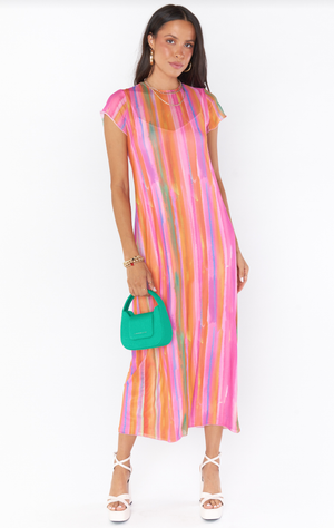 SHOW ME YOUR MUMU MOLLY MIDI DRESS IN SUNRISE STRIPE MESH