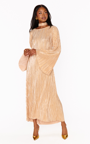 SHOW ME YOUR MUMU SARAH MIDI DRESS IN GOLD PLEAT