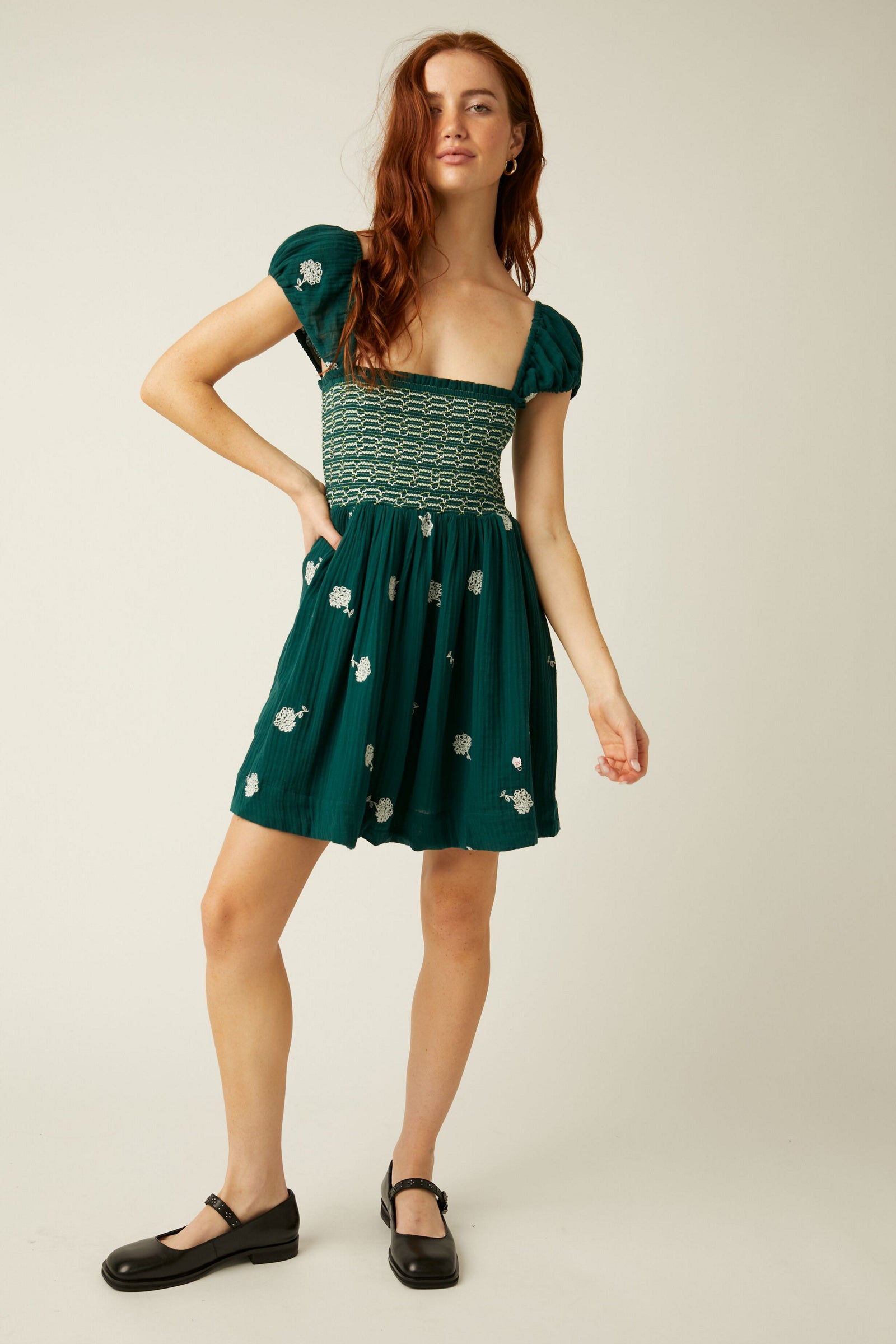 FREE PEOPLE TORY EMBROIDERED MINI DRESS IN JUNEBUG
