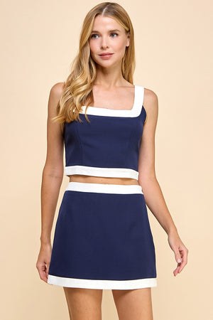 BOWIE WHITE BORDER DETAIL CROPPED TANK TOP IN NAVY