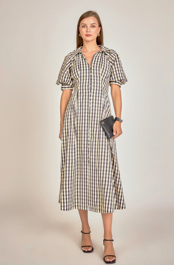 ENGLISH FACTORY GINGHAM CHECK MIDI DRESS IN BLACK