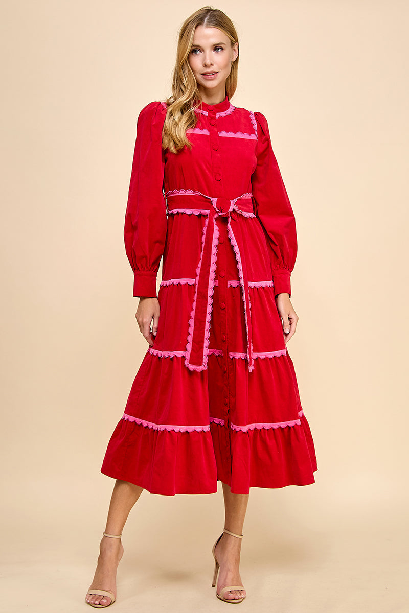 GINGER TIERED MIDI DRESS IN RED