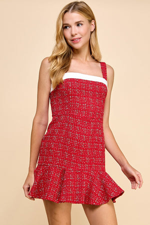 VALERIE WIDE STRAP TWEED DRESS IN RED