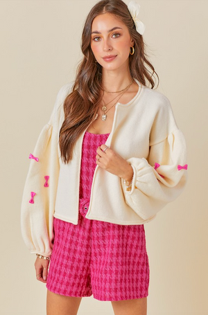 VIVIAN OPEN KNIT CARDIGAN IN IVORY AND PINK