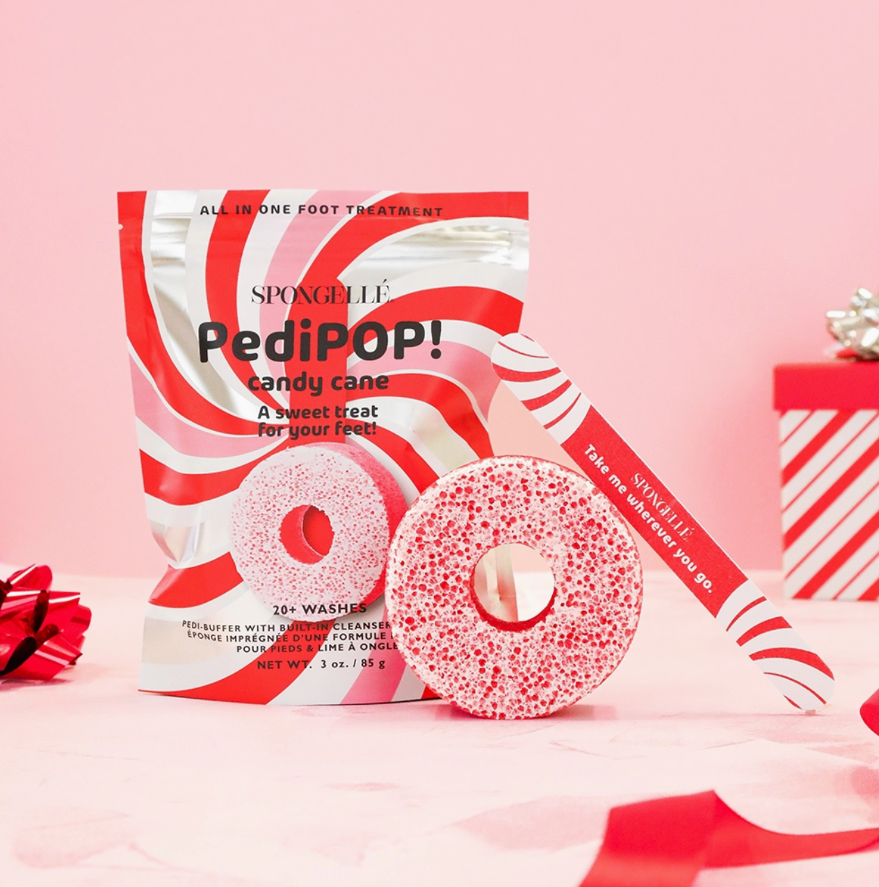 SPONGELLE CANDY CANE HOLIDAY PEDIPOP PEDI BUFFER AND NAIL FILE