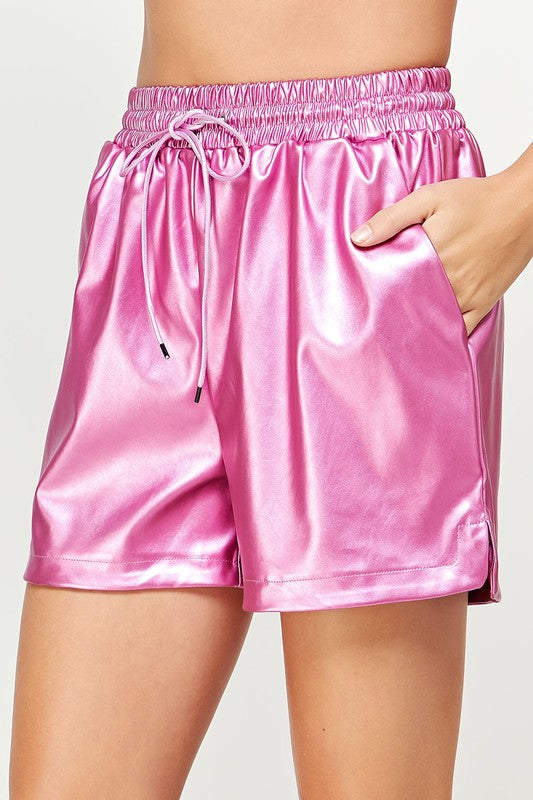ALEXIS FAUX LEATHER ELASTIC BAND SHORTS IN METALLIC PINK