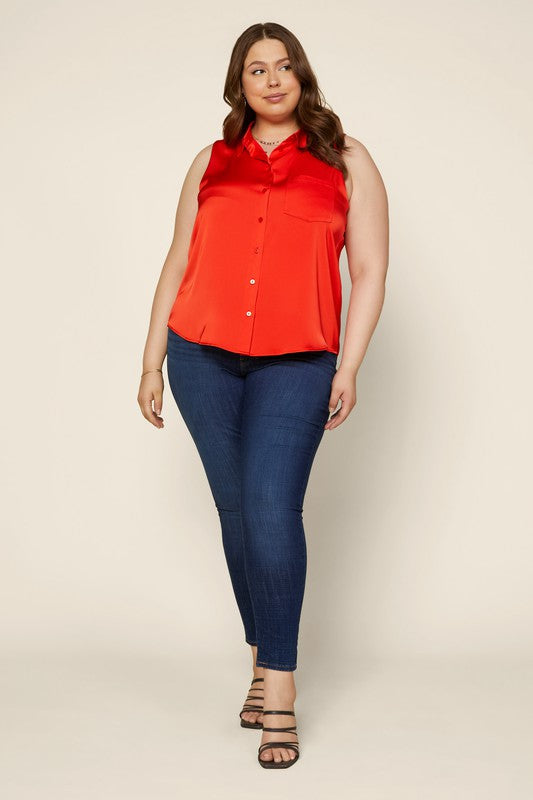 BRYN SATIN BUTTON DOWN TOP IN CORAL RED