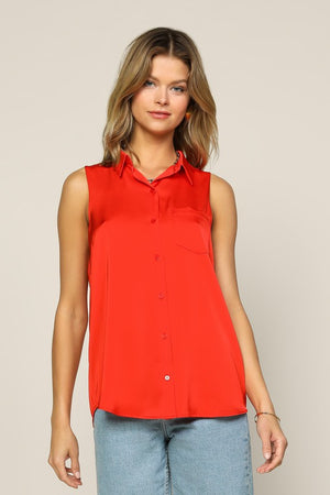 BRYN SATIN BUTTON DOWN TOP IN CORAL RED
