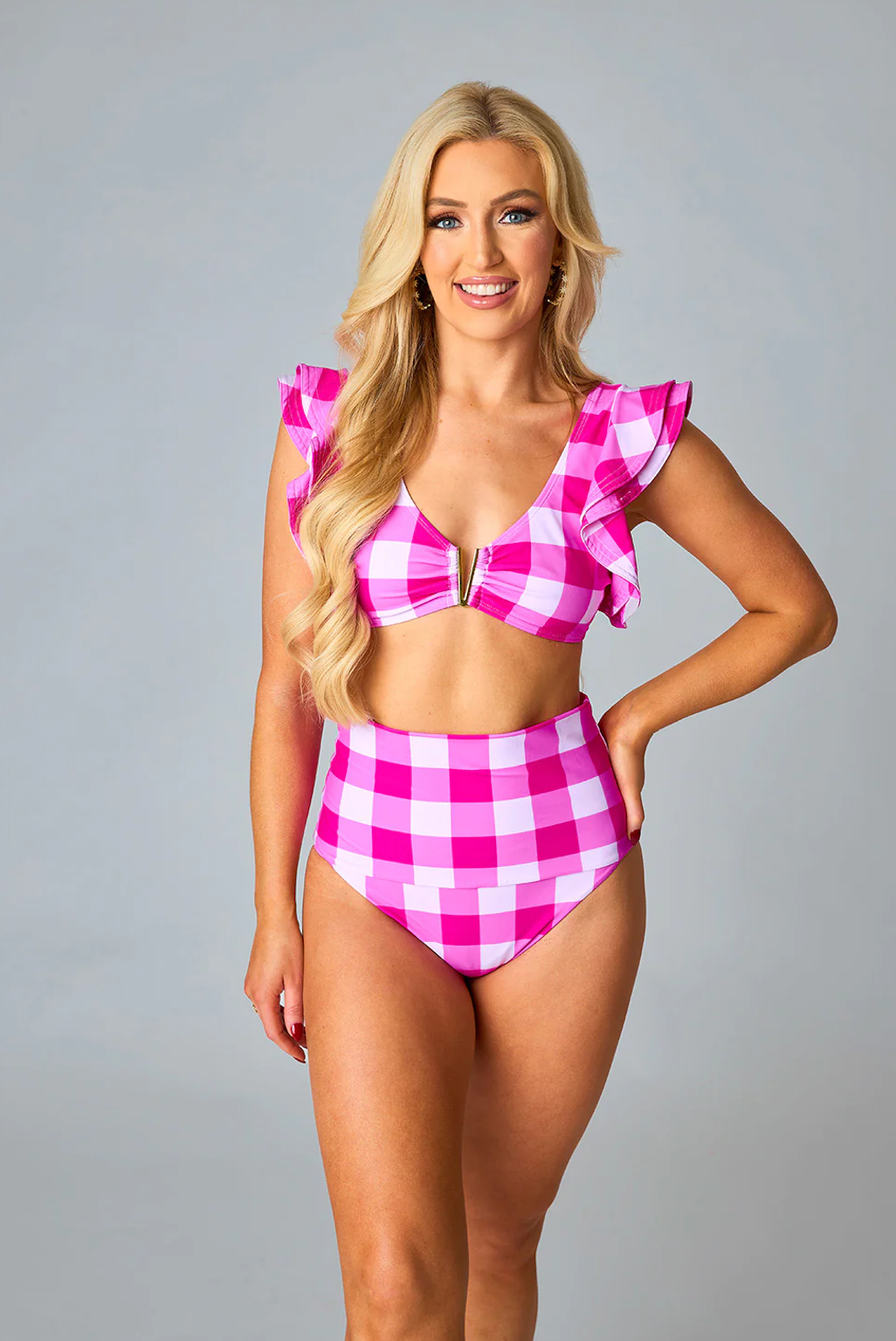 BUDDY LOVE MARLOW RUFFLE SHOULDER BIKINI IN PINK CHECKERBOARD