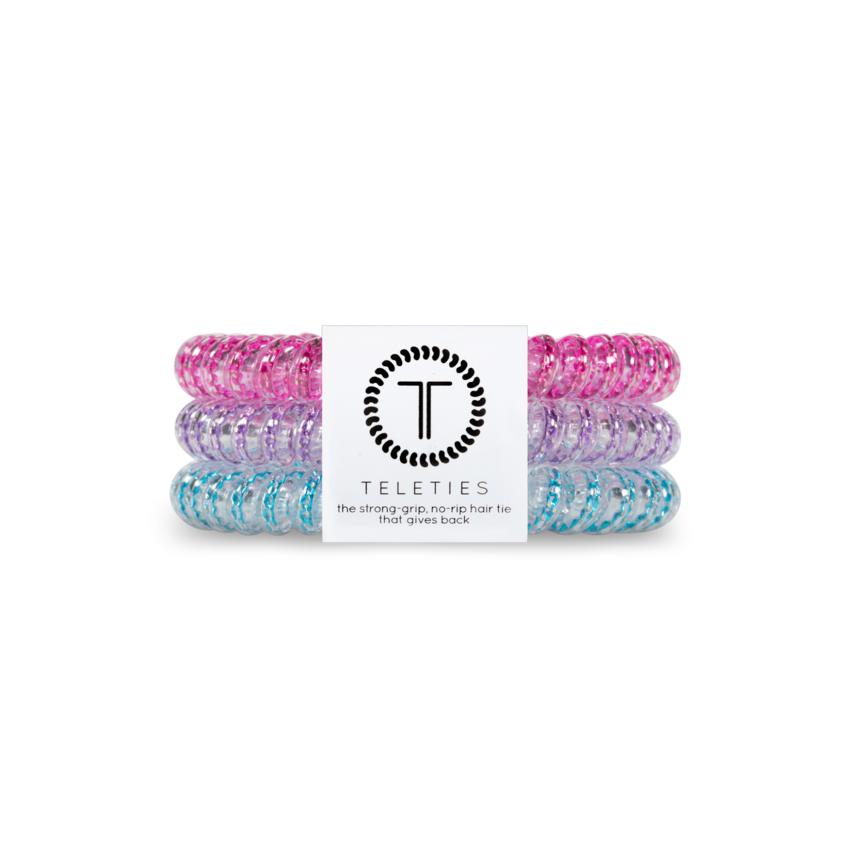 TELETIES - SMALL  - You can throw all your other hair ties away because these are the ultimate replacement to the traditional hair tie! It is like a hair tie and bracelet in one! Not only are they water-resistant, reduce damage to your hair, have a strong grip, and decrease creases, they also look good on your wrist! 