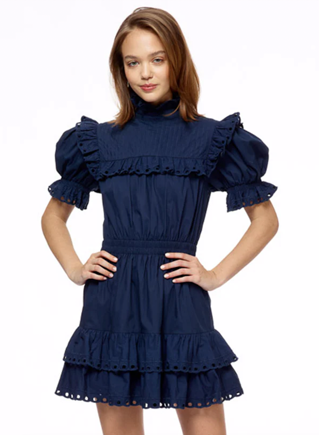 DORTHY EYELET TRIMMED PUFF SLEEVE MINI DRESS IN INK