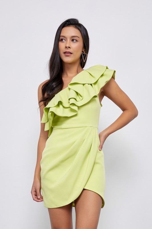 CALYPSO ONE SHOULDER MINI DRESS IN LIME