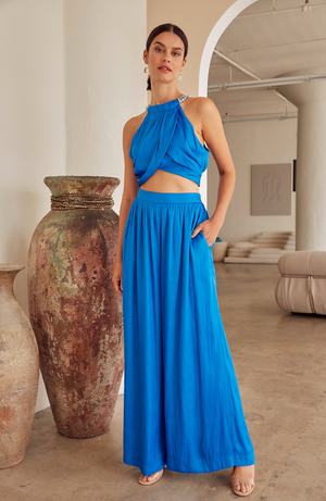 MIRA SATIN WIDE LEG PANTS IN MALDIVE BLUE