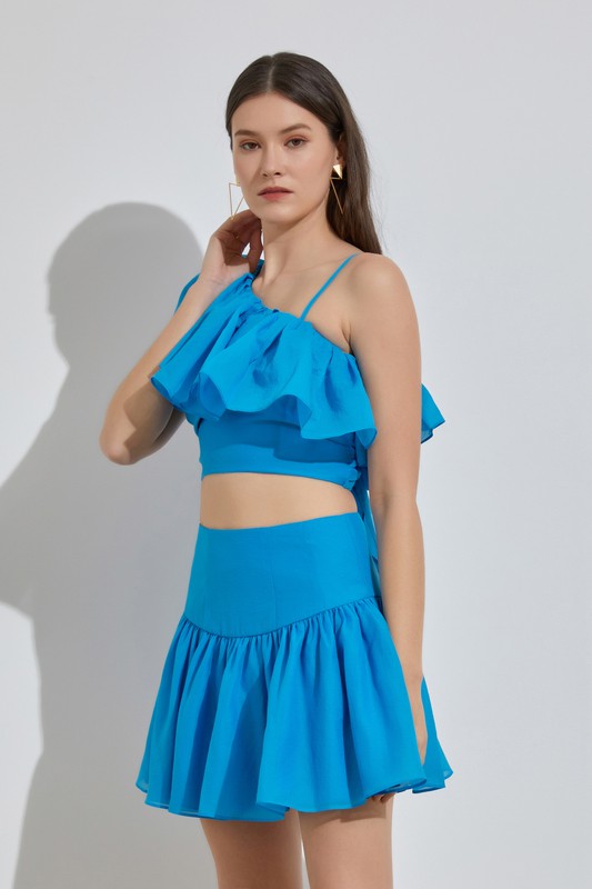 MURIEL RUFFLE BACK TOP IN OCEAN BLUE