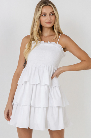 DYLAN SMOCKED TIERED MINI DRESS IN WHITE
