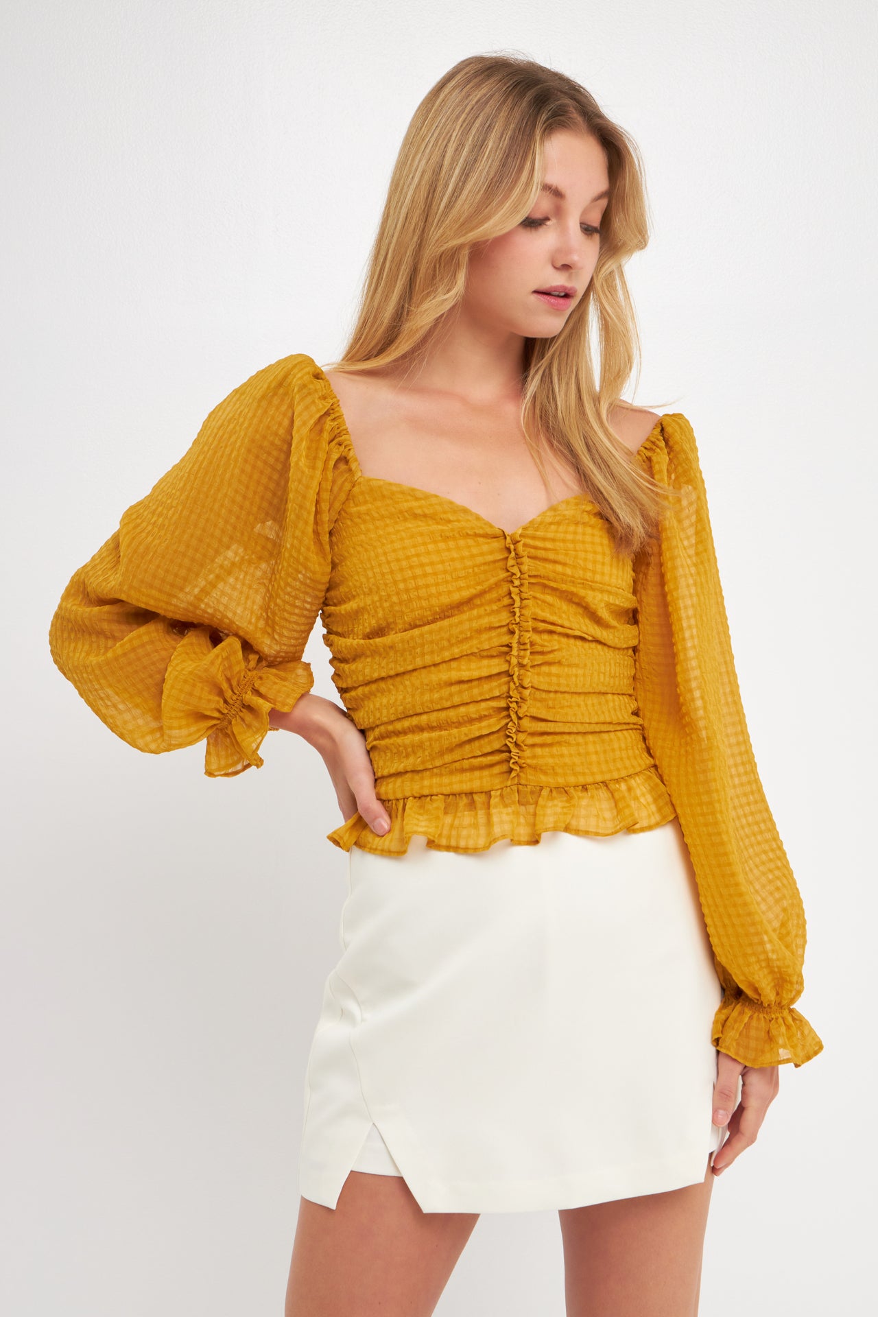 BIANCA CHIFFON GRIDDED RUCHED TOP IN YELLOW