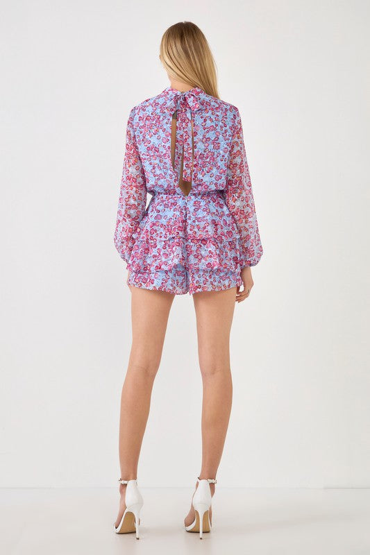 RILEY FLORAL DOTTED OPEN BACK ROMPER IN BLUE AND PINK