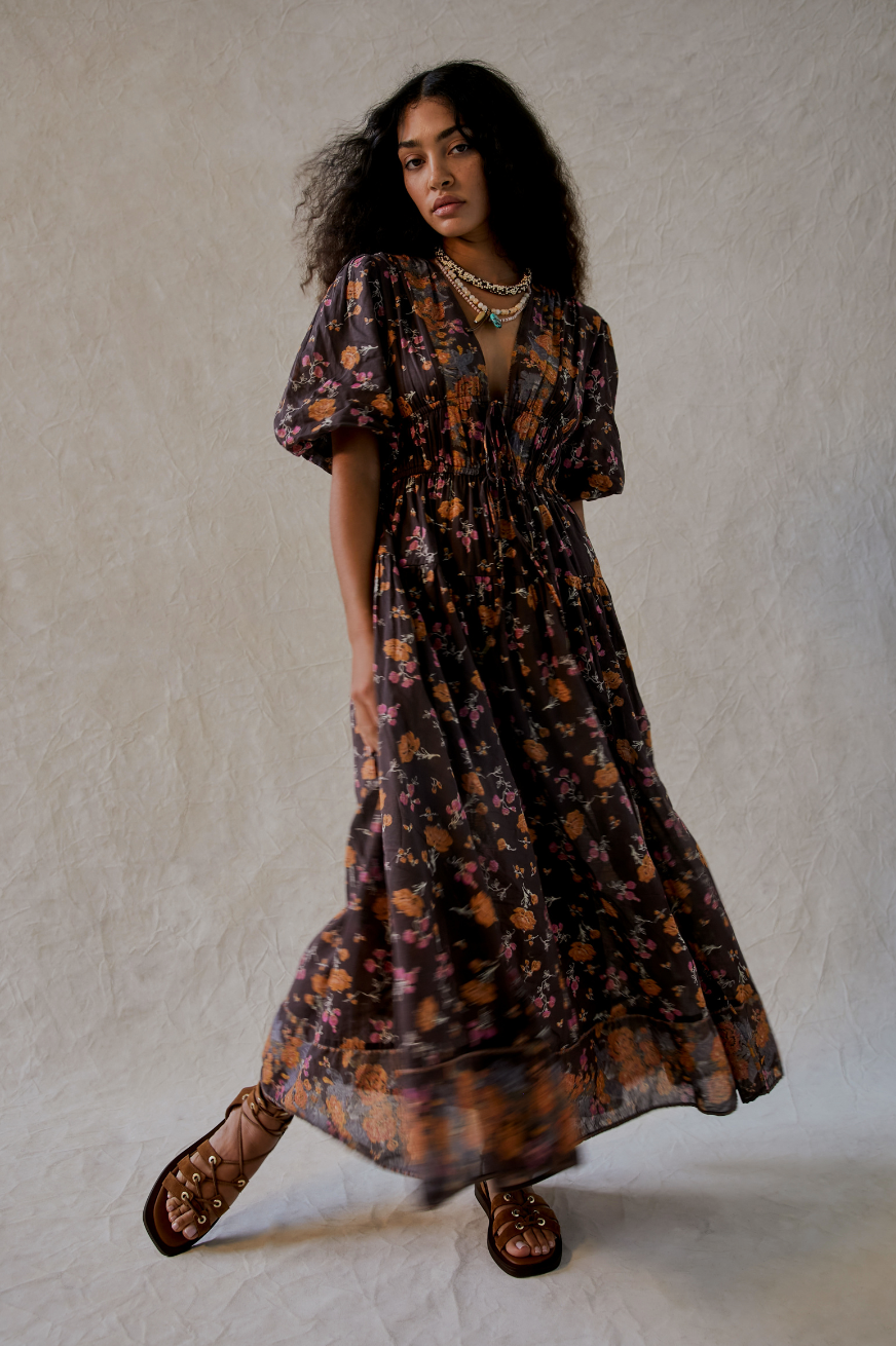 FREE PEOPLE LYSETTE MAXI IN CHOCOLATE FLORAL