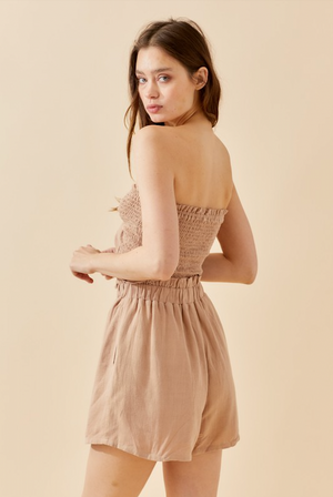 JAIME TIE FRONT SMOCKING TOP WOVEN ROMPER IN TAUPE