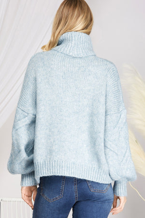 JESSIE LONG SLEEVE TURTLENECK CABLE KNIT SWEATER TOP IN LIGHT BLUE