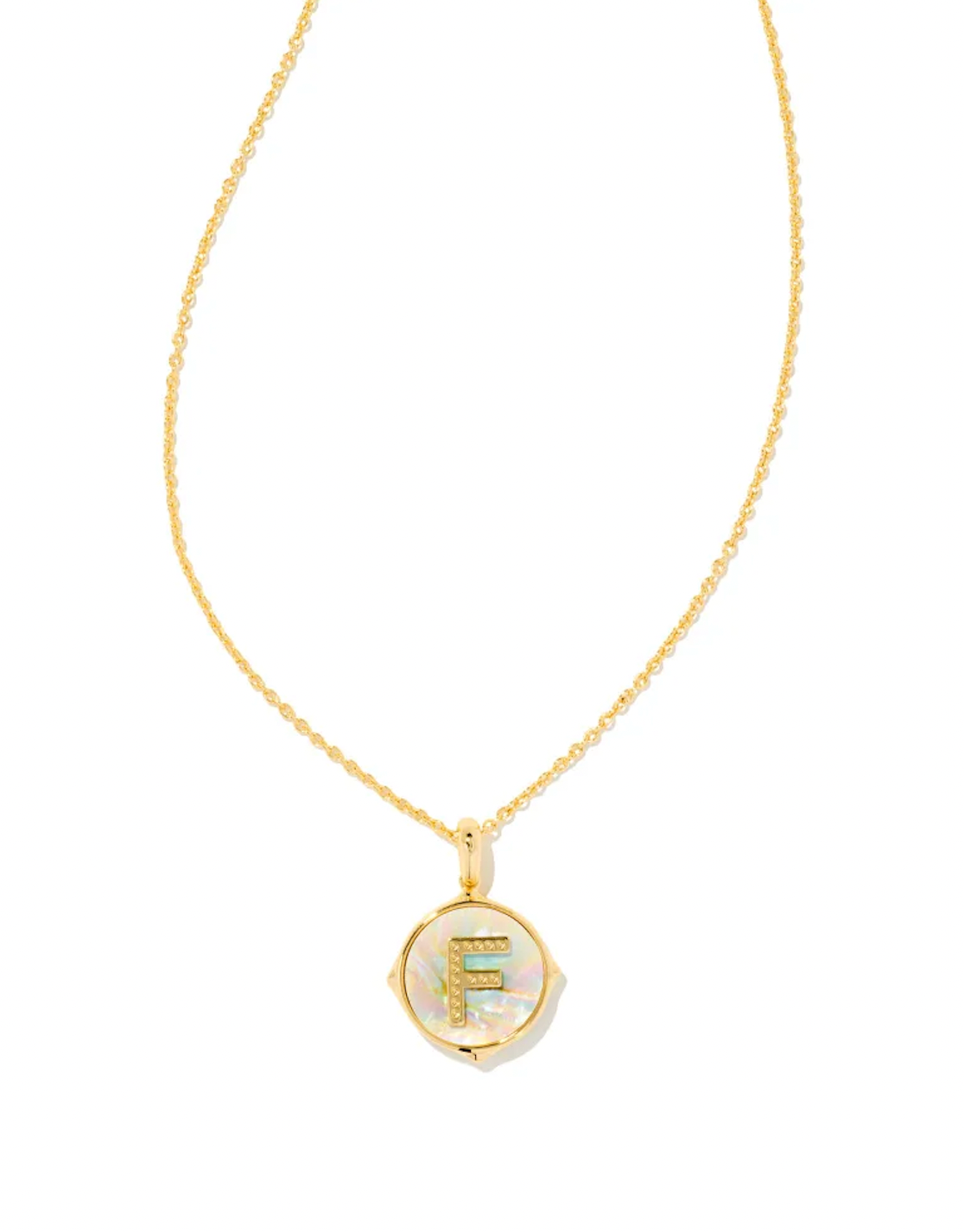 KENDRA SCOTT LETTER F DISC PENDENT NECKLACE GOLD IRIDESCENT ABOLONE
