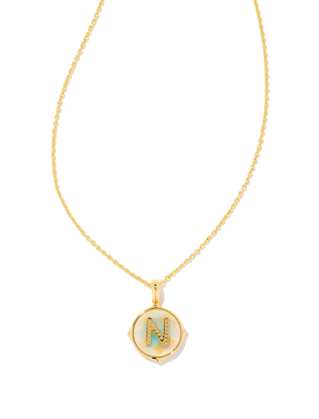 KENDRA SCOTT LETTER N DISC PENDENT NECKLACE GOLD IRIDESCENT ABALONE
