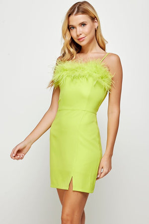 CHER FEATHER TRIM OFF SHOULDER DRESS IN LIME LIGHT