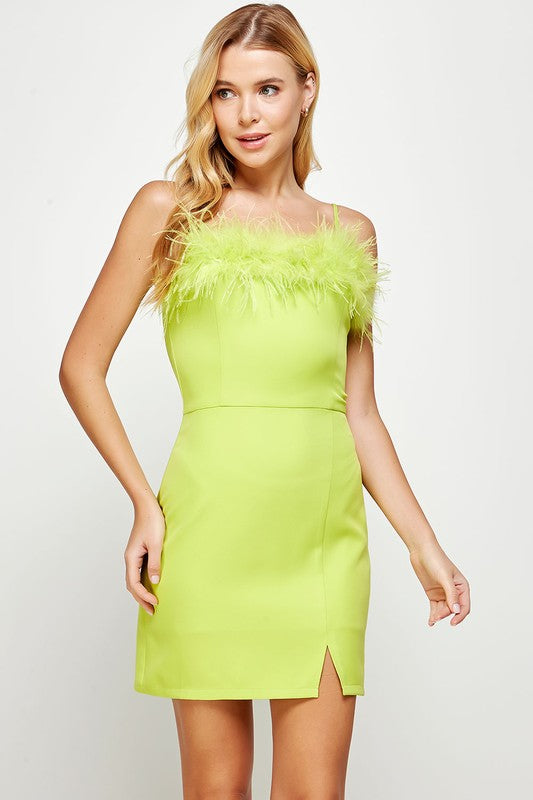 CHER FEATHER TRIM OFF SHOULDER DRESS IN LIME LIGHT