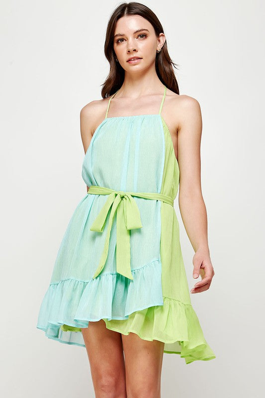 LELA COLOR BLOCK MINI DRESS IN LIME & AIRY BLUE