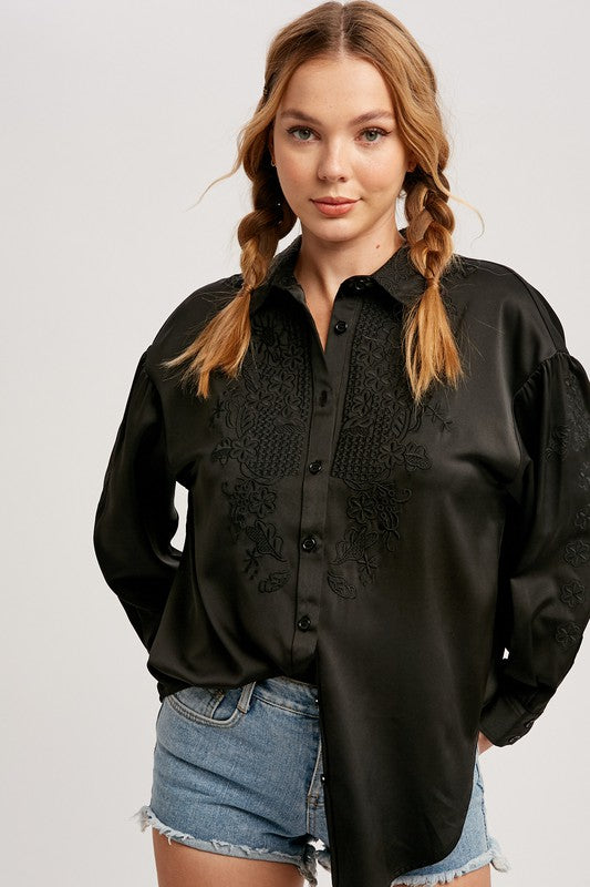 ROGERS EMBROIDERED SATIN BUTTON UP TOP IN BLACK