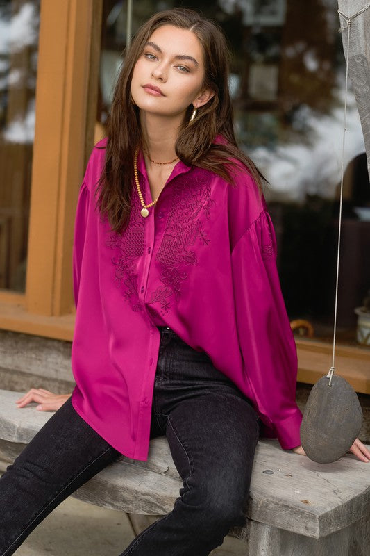 ROGERS EMBROIDERED SATIN BUTTON UP TOP IN MAGENTA