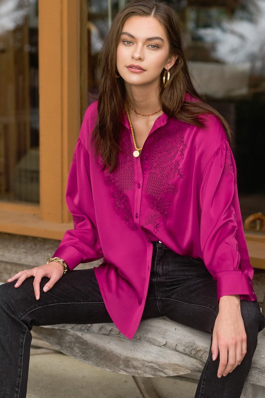 ROGERS EMBROIDERED SATIN BUTTON UP TOP IN MAGENTA