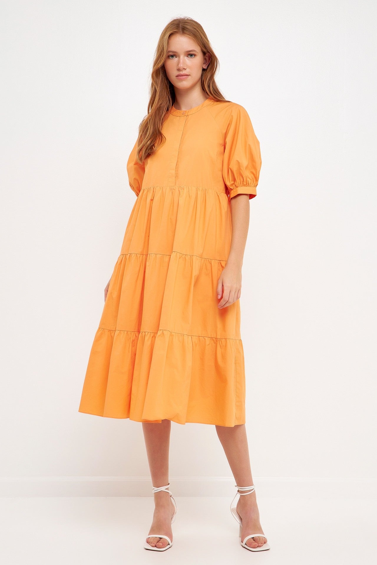 NANETTE TIERED MIDI DRESS IN ORANGE