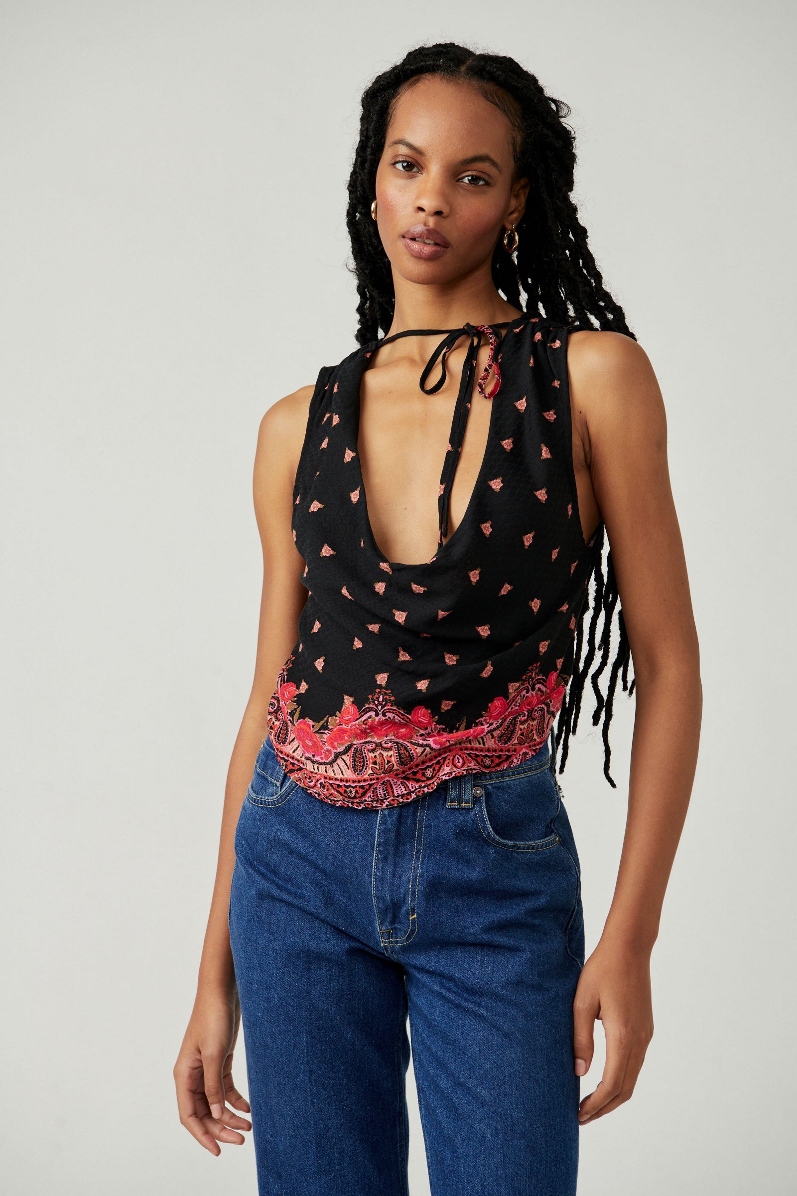 FREE PEOPLE SILAS PRINTED COWL TOP IN BLACK COMBO
