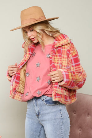 NICO CHECK PATTERN POP COLOR FAUX FUR JACKET IN PINK