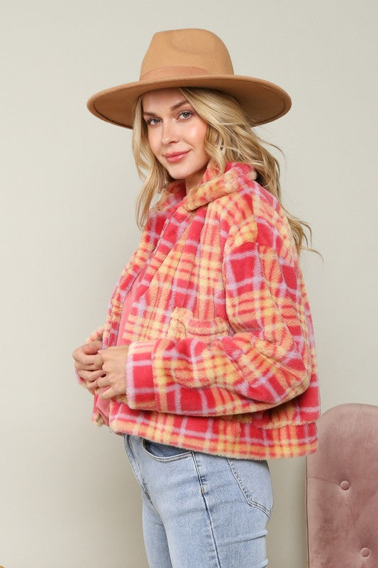 NICO CHECK PATTERN POP COLOR FAUX FUR JACKET IN PINK