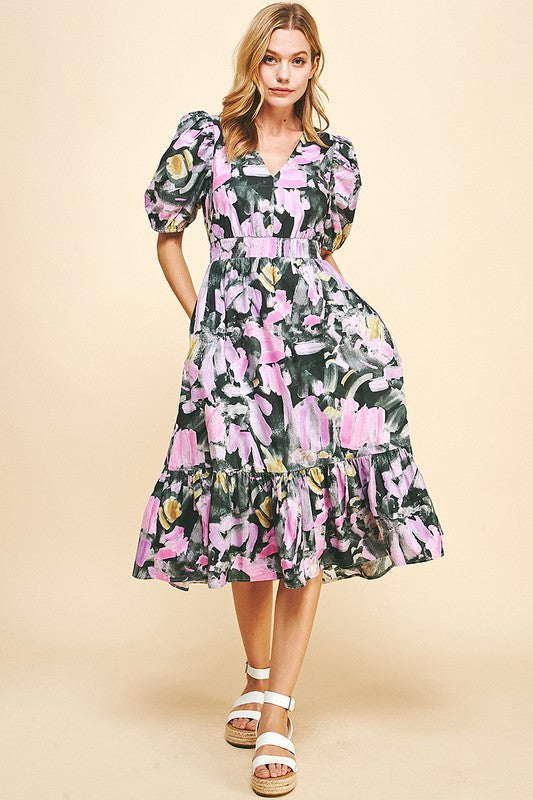 ROSANNE WATERCOLOR PRINT MIDI DRESS IN BLACK AND PINK