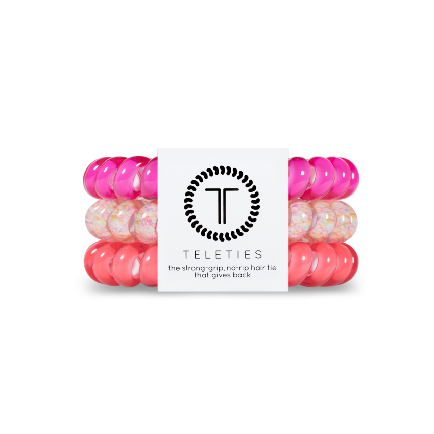  TELETIES - LARGE - PINK PUNCH You can throw all your other hair ties away because these are the ultimate replacement to the traditional hair tie! It is like a hair tie and bracelet in one! Not only are they water-resistant, reduce damage to your hair, have a strong grip, and decrease creases, they also look good on your wrist! 