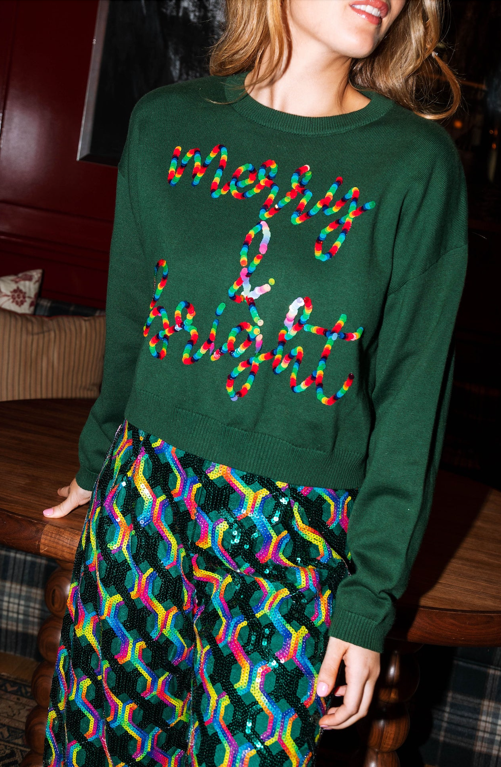 QUEEN OF SPARKLES MERRY AND BRIGHT SWEATER IN GREEN