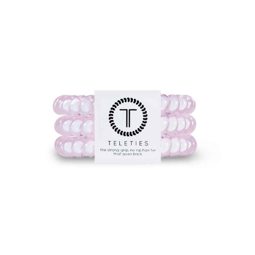 TELETIES - SMALL  - ROSE WATER PINK You can throw all your other hair ties away because these are the ultimate replacement to the traditional hair tie! It is like a hair tie and bracelet in one! Not only are they water-resistant, reduce damage to your hair, have a strong grip, and decrease creases, they also look good on your wrist! 