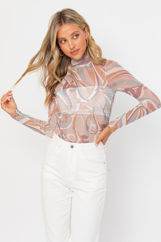 SADIE LONG SLEEVE RUCHED BODYSUIT IN TAUPE MAUVE