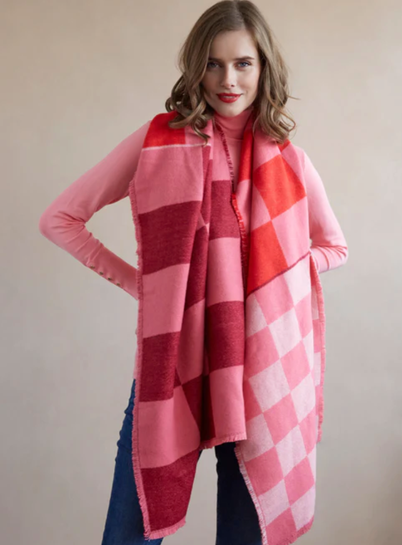 SHIRALEAH YULE CHECK WINTER SCARF IN PINK AND RED