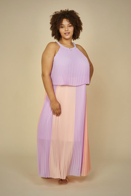 MARYAM PLEATED MAXI DRESS IN LAVENDER AND CORAL: PLUS SIZE
