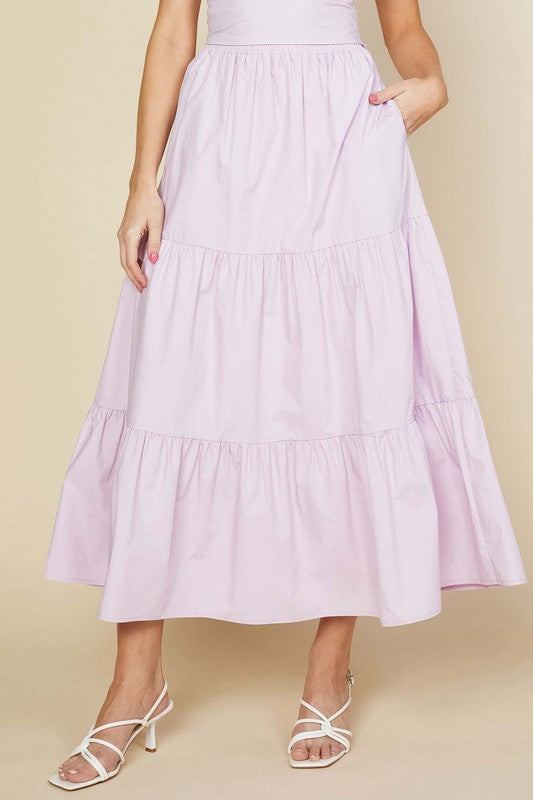 POSEY PULL ON MIDI SKIRT IN LAVENDER: AVAILABLE IN PLUS SIZE
