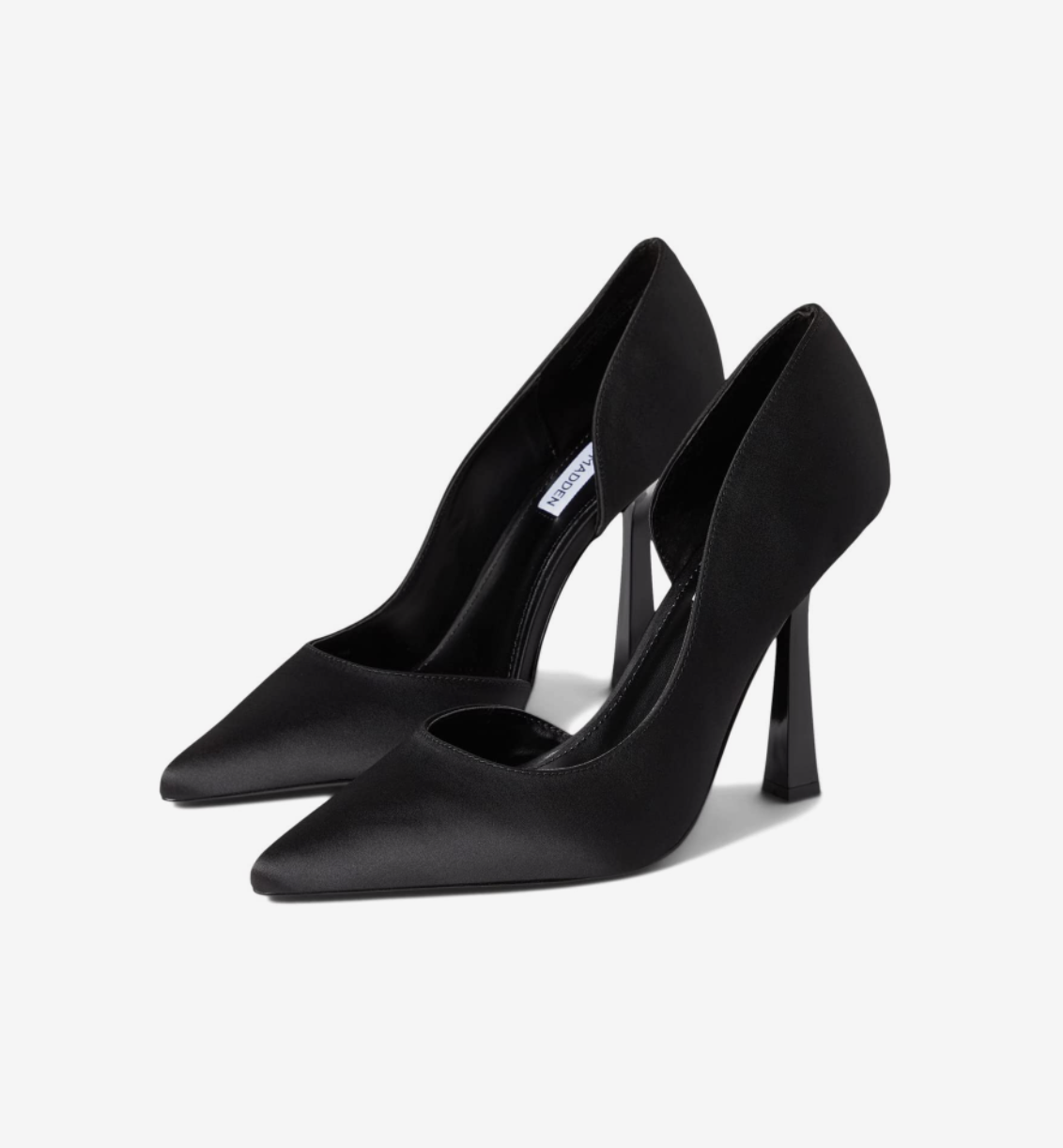 STEVE MADDEN DAMZIL HEELS IN BLACK SATIN