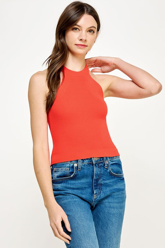 DIAZ RIBBED KNIT HALTER TOP IN CORAL RED